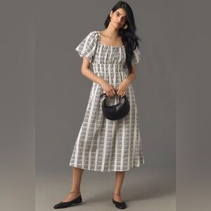 Anthropologie Maeve Puff-Sleeve Square-Neck Smocked Midi Dress Sz S